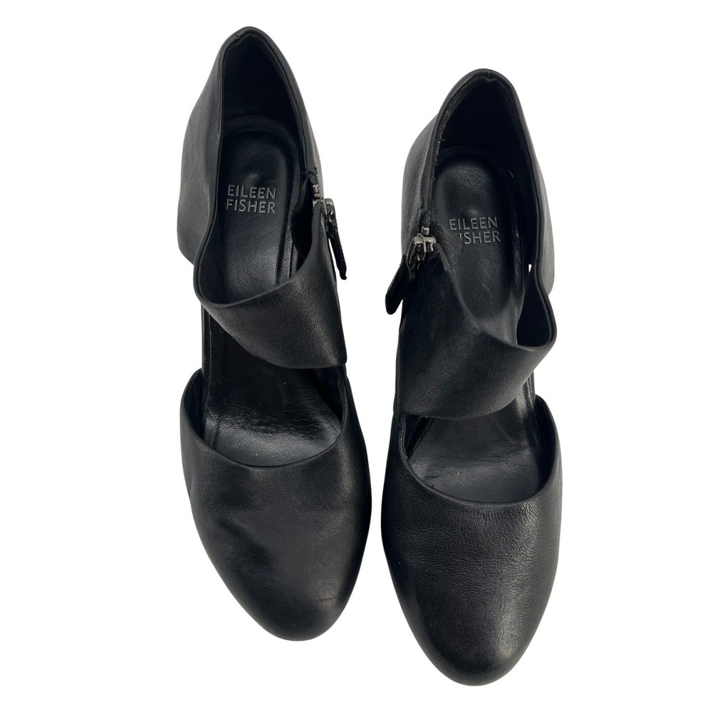 Eileen Fisher Black Leather Wedge Ankle Booties‎ Side Zip Cutout Women 8.5